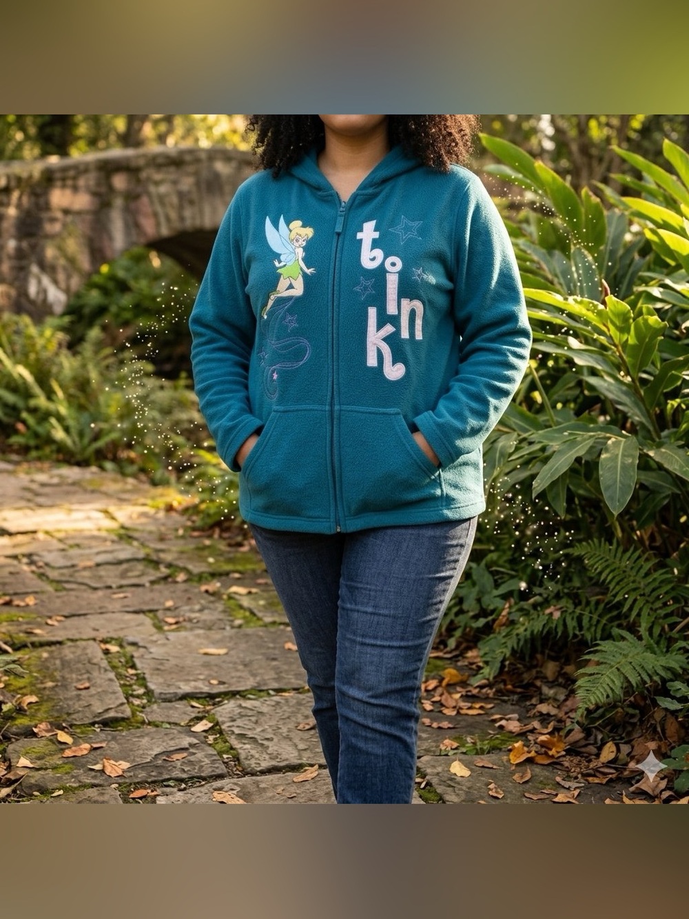 Disney Tinker Bell Teal Blue Plush Fleece Full Zip Hoodie XL